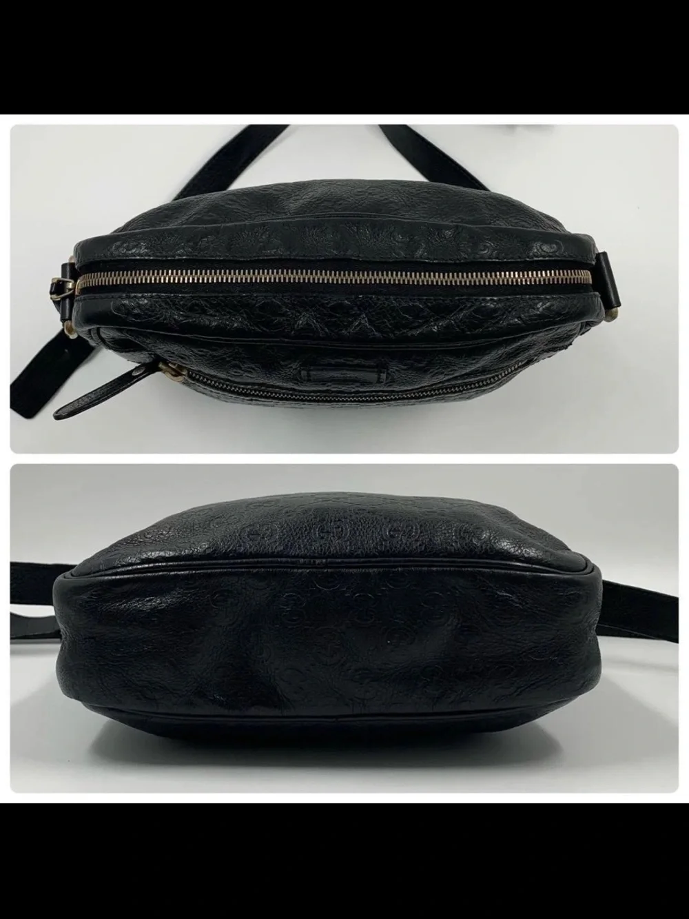 Gucci Black Embossed Leather Messenger Bag with Gold Hardware